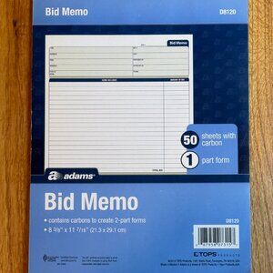 Adams Bid Memo Book, 2-Part, Contains Carbon, 8 3/8 x 11 7/16 Inches D8120